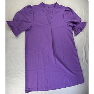 Purple Vneck Ruffled Puff Short Sleeve Dress Women's Large Colorful Casual OOTD